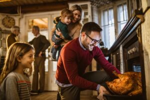 man-takes-turkey-from-oven-with-family-looking-on