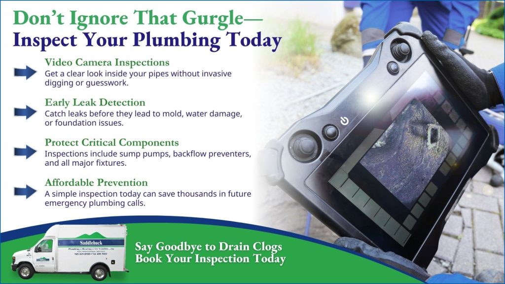 This is an image of a video camera inspection for a clogged drain. The headline reads. Don't ignore that gurgle inspect your plumbing today.