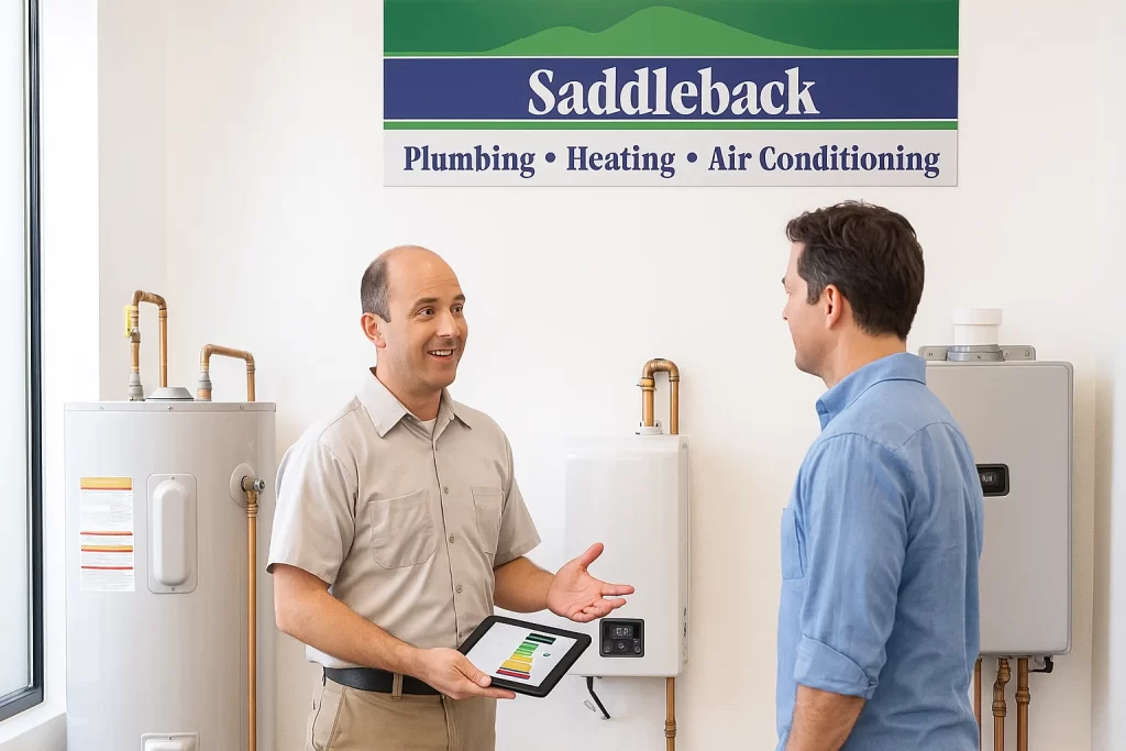 A Saddleback HVAC salesman explains the difference between tank and tankless water heaters.