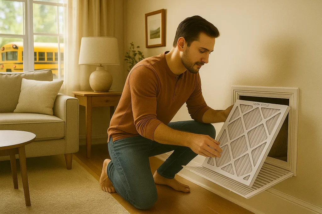 Homeowner replaces HEPA-style HVAC filter in family room to improve air quality
