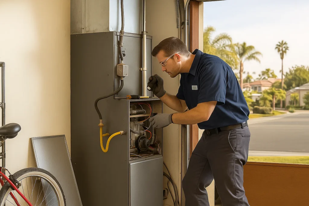 Technician inspecting gas lines and electrical components during furnace check