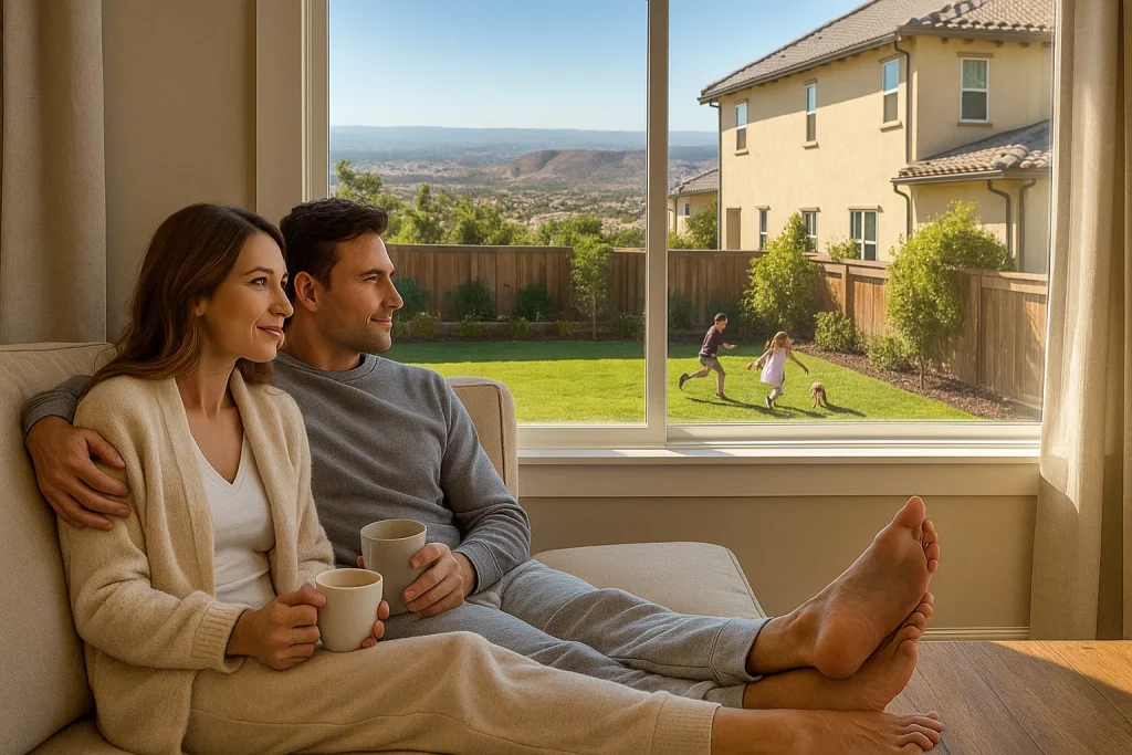 A couple in their cozy Lake Forest, CA house watching their kids play in the yard while enjoying their morning coffee.