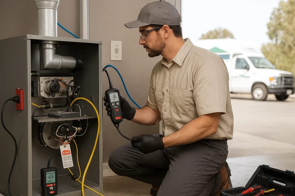 Technician performing gas furnace safety checks with combustion analyzer and manometer