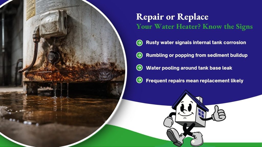 An info graphic about repairing or replacing a hot water heater
